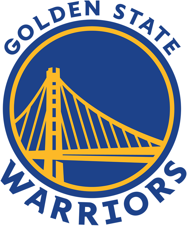 Goldden State Warriors logo featuring a yellow stylized bridge inside a blue circle with yellow outline, and the text 'GOLDEN STATE WARRIORS' around it.