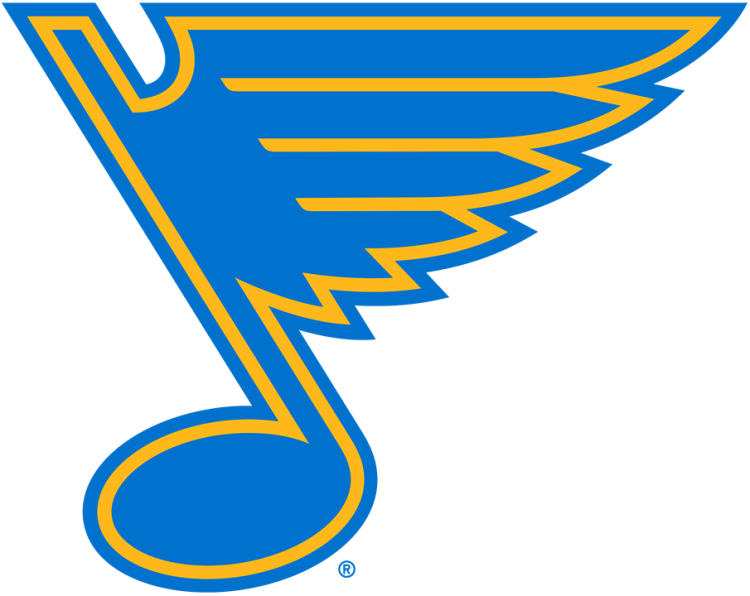 St. Louis Blues logo with a blue musical note and stylized wing design in yellow, black, and blue.