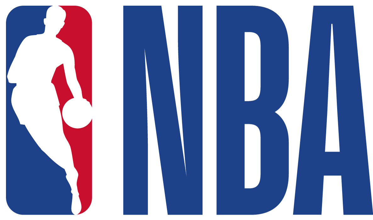 NBA logo with a silhouette of a basketball player dribbling, next to the large text "NBA" in blue.