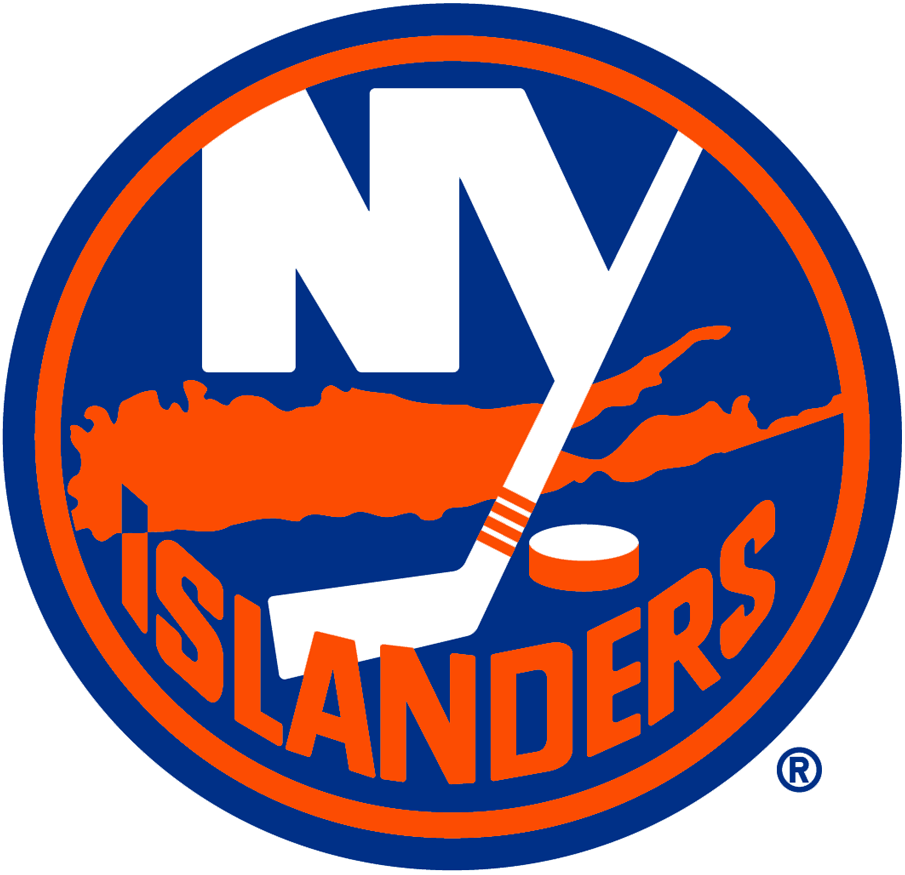 The logo of the New York Islanders hockey team featuring a stylized hockey stick, an outline of Long Island, and the team name in bold letters, with navy blue, orange, and white colors.