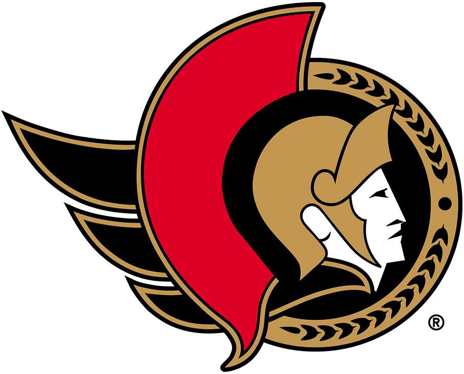 Ottawa Senators logo featuring a Roman soldier's profile with a red and gold shield and black wings.