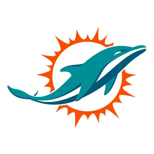 Miami Dolphins logo with a teal dolphin jumping in front of an orange sunburst.