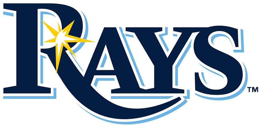 Tampa Bay Rays baseball team logo with the word 'RAYS' in stylized blue letters and a yellow lightning bolt in the letter 'R'.