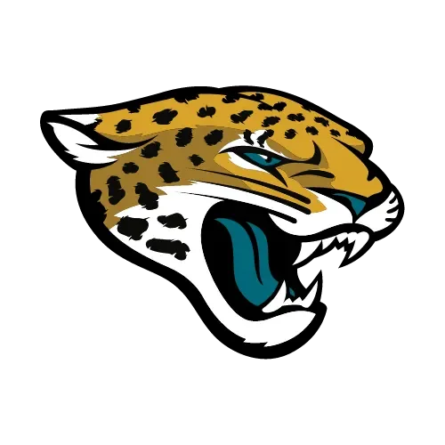 Close-up of a stylized jaguar mascot with yellow, black, white, and blue colors on a black background.