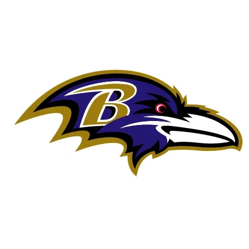 Baltimore Ravens logo featuring a stylized raven's head with a large beak, purple and black feathers, and a gold outline, with a prominent letter 'B' on its head.