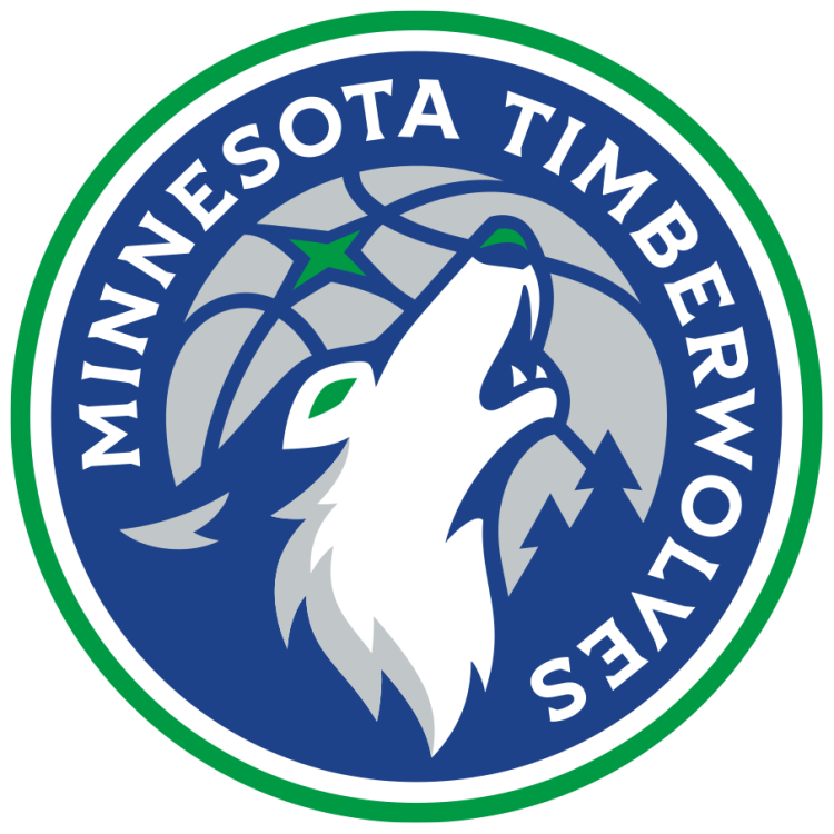 Logo of Minnesota Timberwolves featuring a howling wolf and basketball elements.