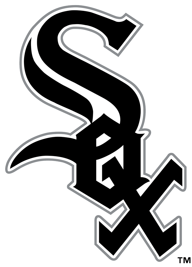 Chicago White Sox logo with a large stylized 'Sox' in black, outlined in white and gray, on a black background.