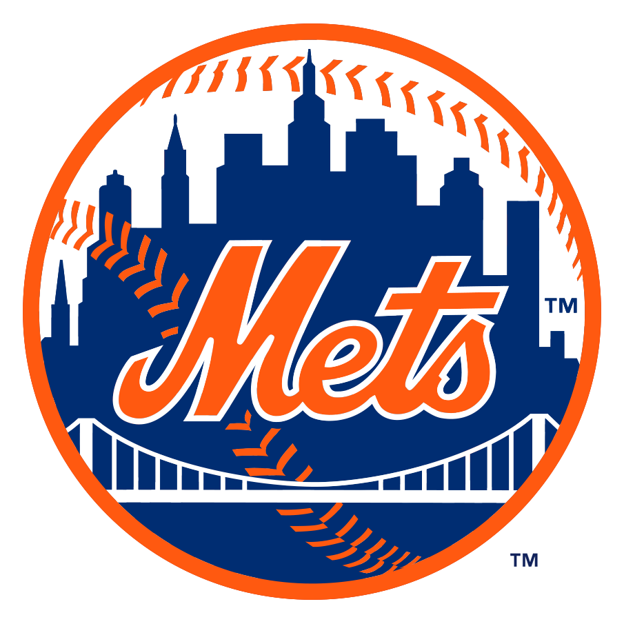 New York Mets baseball team logo featuring a stylized NYC skyline, bridge, and orange baseball stitches with the team name in orange and white.