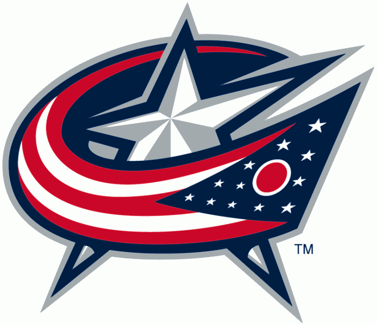 Logo of the Columbus Blue Jackets, an ice hockey team, featuring a star and a stylized shield with red, white, and blue colors.