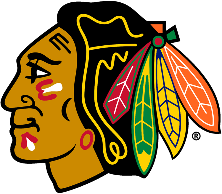Illustration of a Native American chief's profile with colorful feathers in their headdress on a black background.
