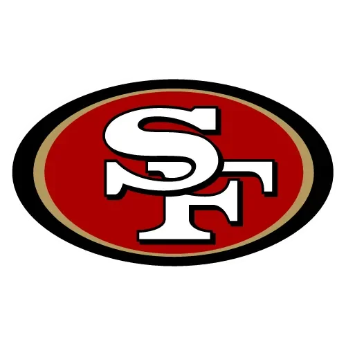 San Francisco 49ers logo with red oval background and gold, black, and white outline.