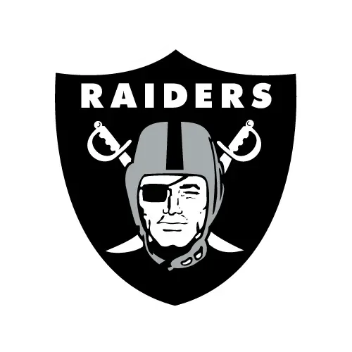 Logo of the Las Vegas Raiders football team featuring a pirate with an eye patch, wearing a helmet, and two crossed swords behind the head.