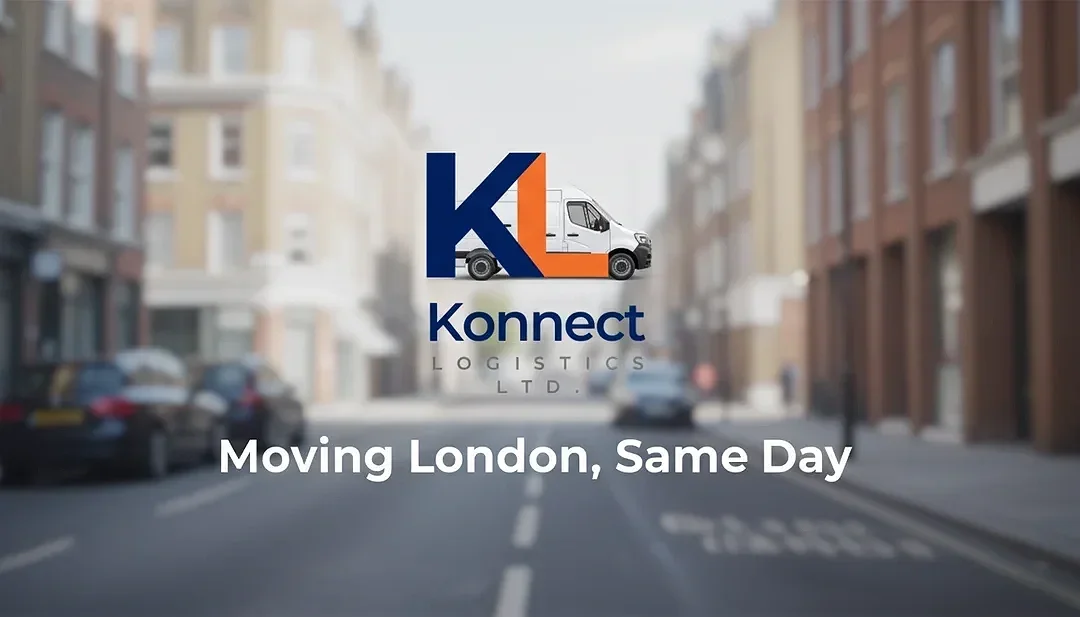 Logo of Konnect Logistics LTD with a graphic of a delivery van, over a blurred city street background. Text reads "Moving London, Same Day."
