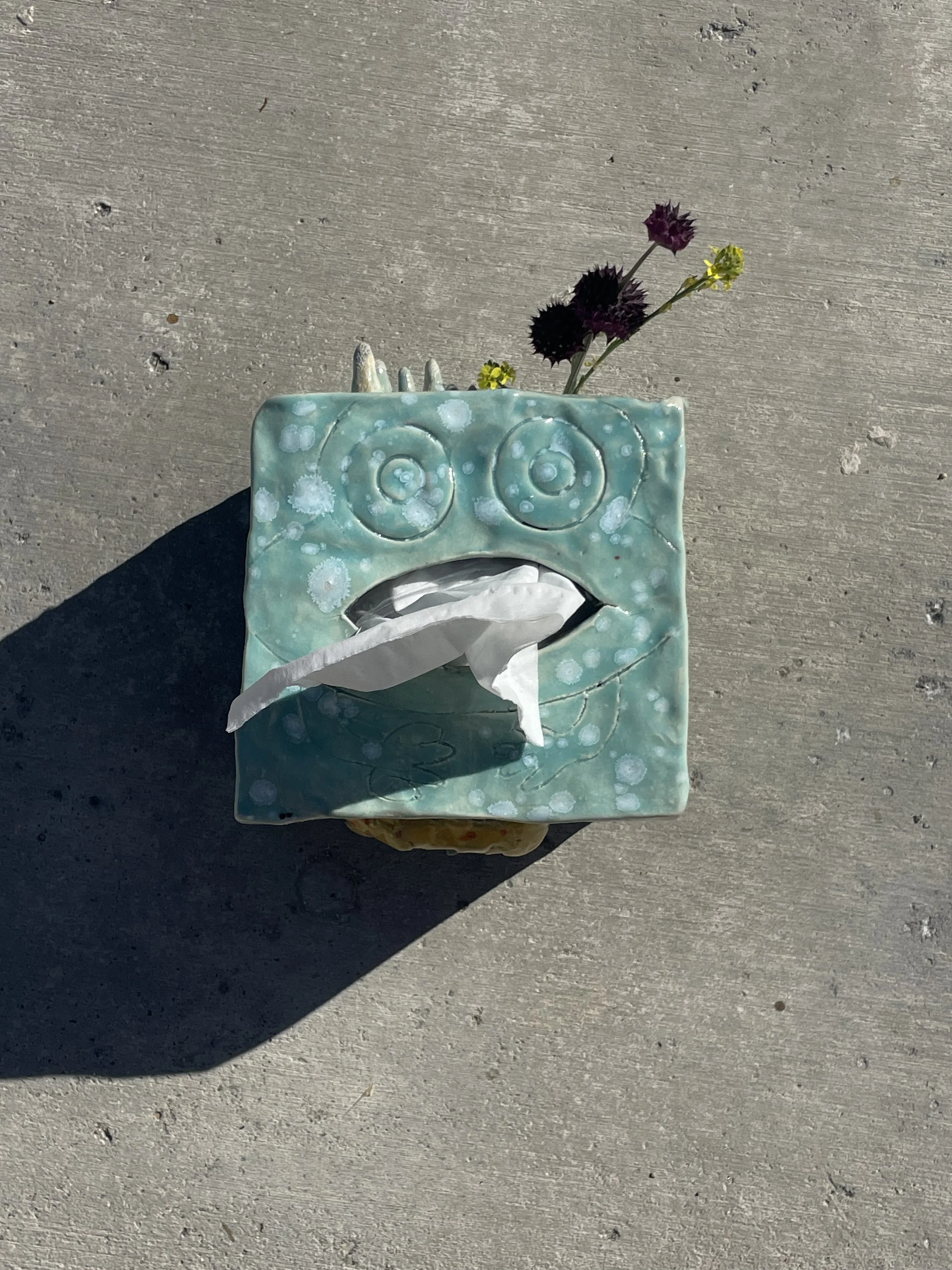 A decorative tissue box with a face design, with tissues protruding from the mouth, placed on a concrete surface with small flowers emerging from the top.