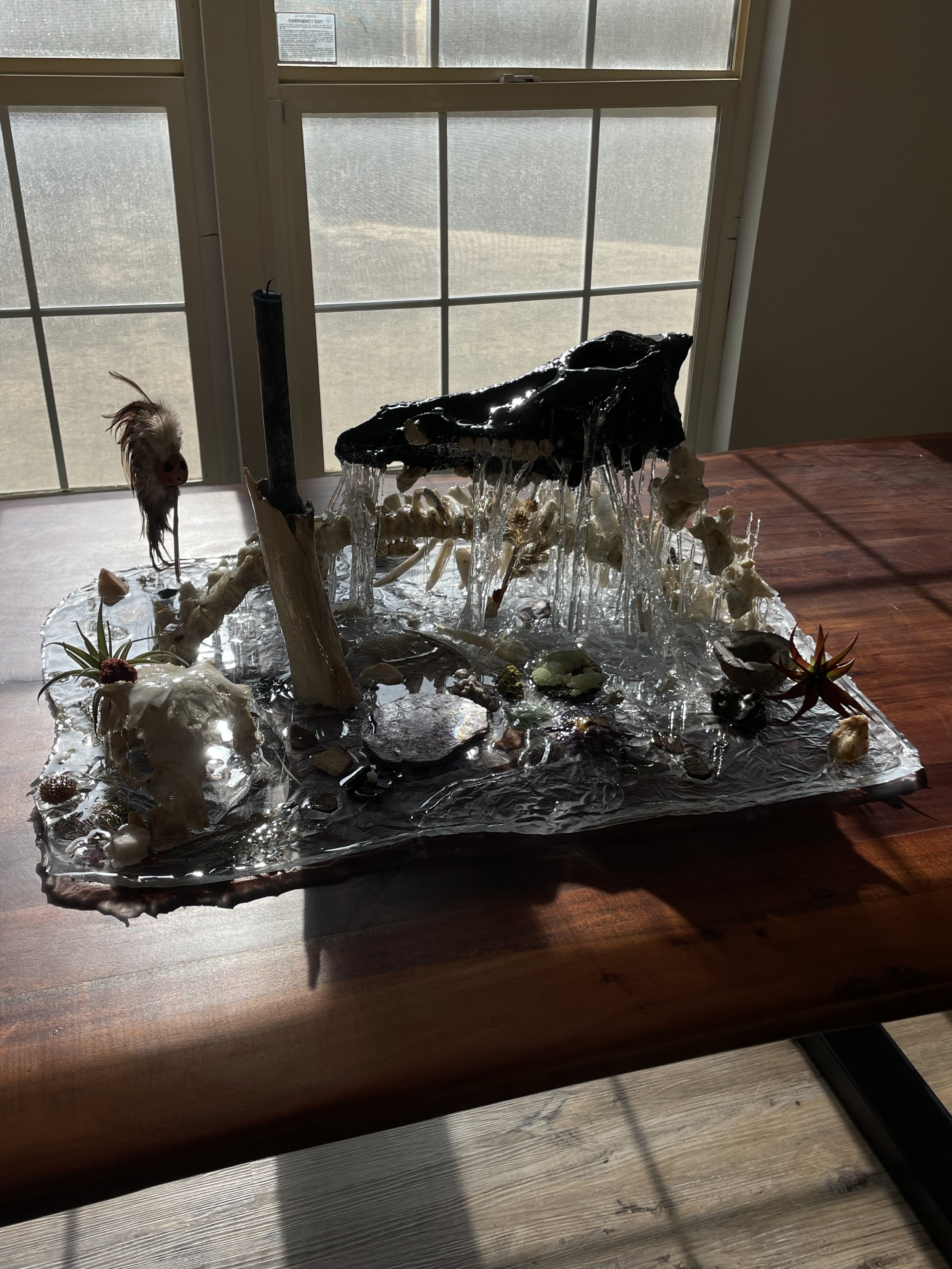 A mixed media art piece featuring hog bones, rocks, plants, and a bird figurine, all encased in clear resin on a wooden table near a window.