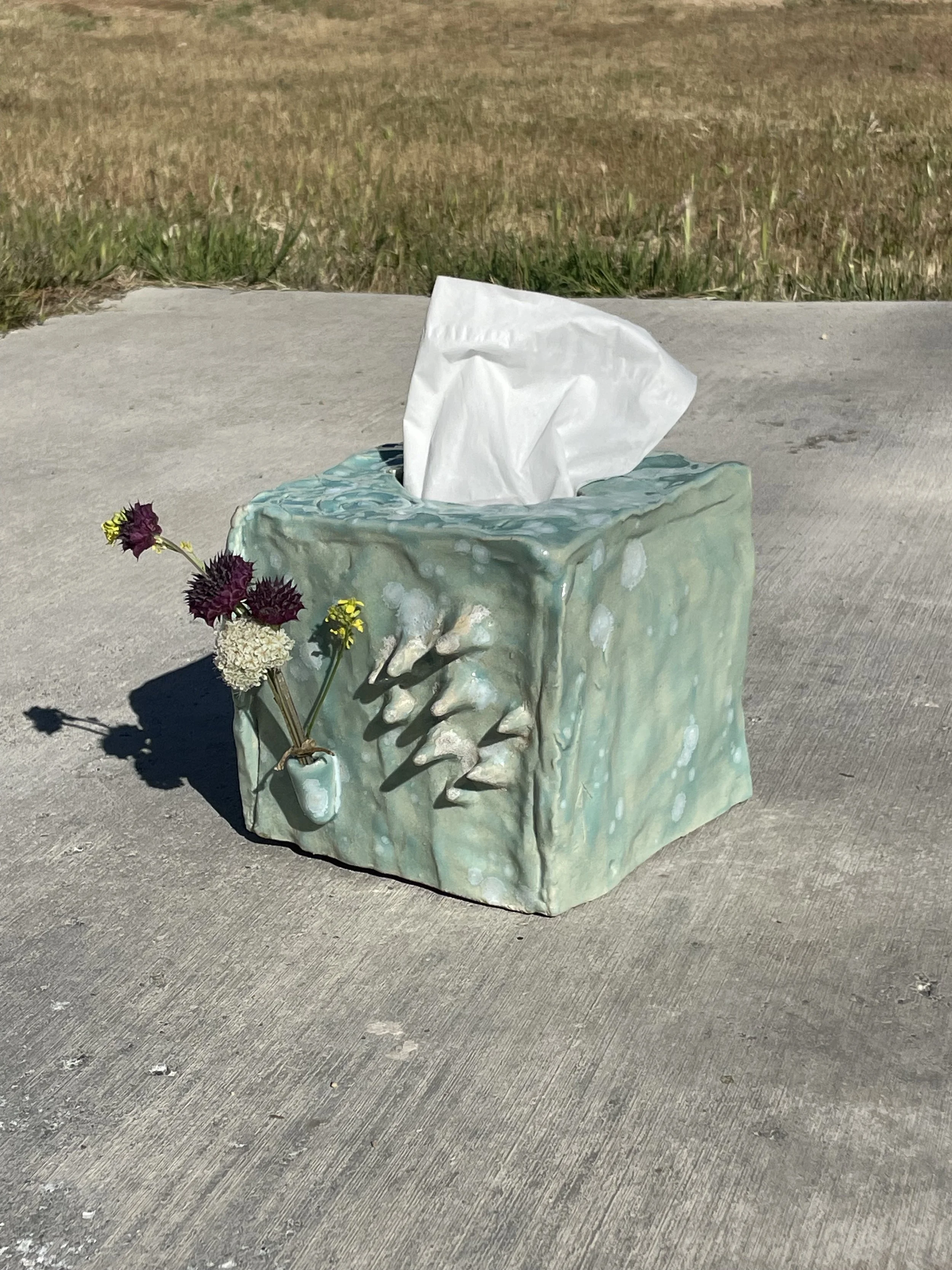 Ceramic tissue box holder with a tissue protruding, decorated with small flowers on the side, placed on concrete outdoors with grass in the background.