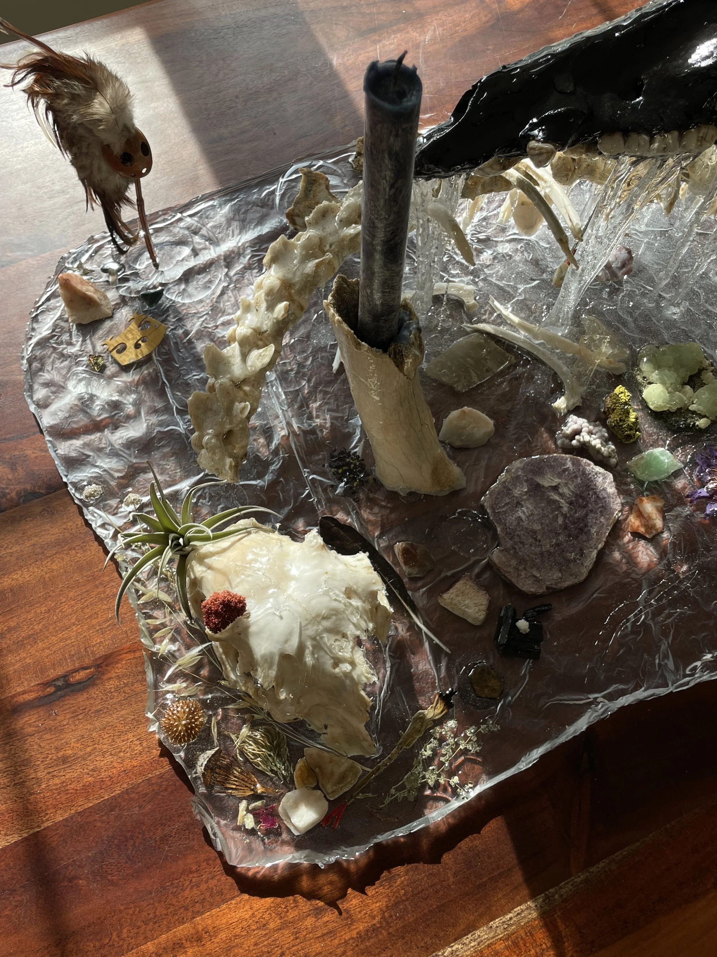 A collection of rocks, minerals, and organic materials arranged resin on a wooden surface, including a small skull and various decorative items.
