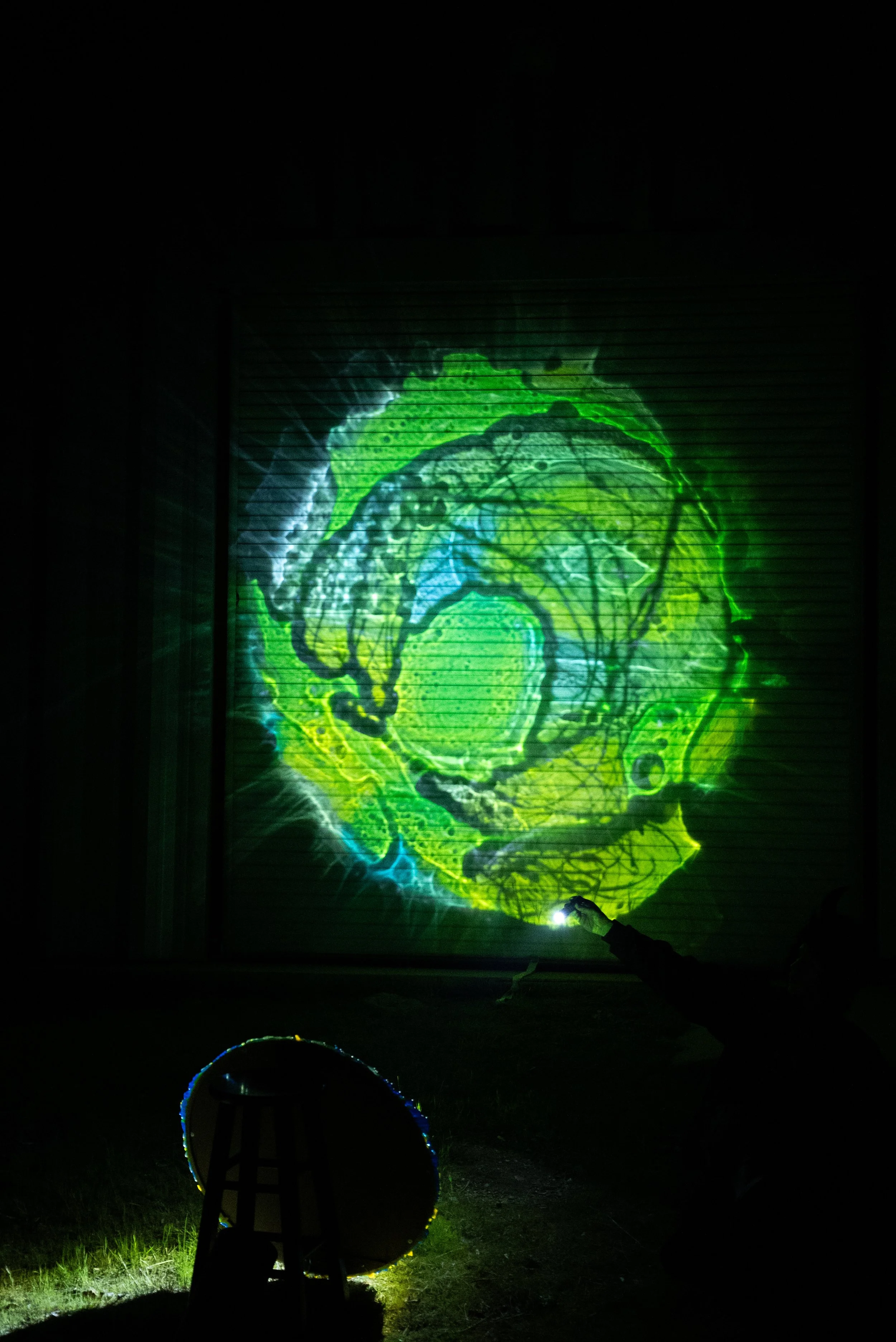 Using a flashlight and resin mirror, a person is projecting a colorful, detailed image of a human brain onto a garage door at night using a flashlight. The projection shows the brain's structure in green, blue, and yellow colors.