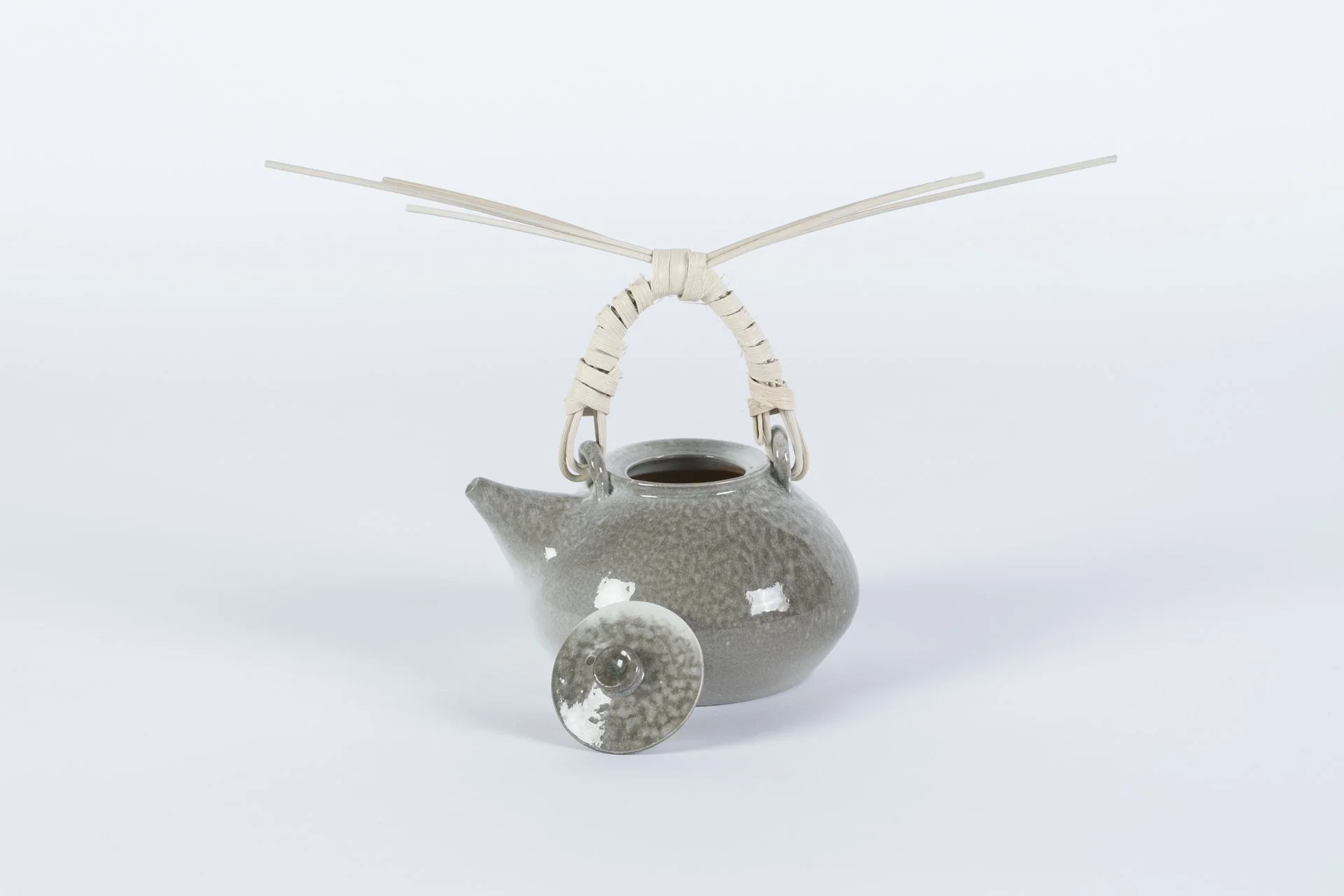 Trigger Fish with Cane Handle, 2025, Porcelain, Reeds, Fast-Fired, using gad, soda ash,
wood, and wood ash 8 x 8 x 5 in.