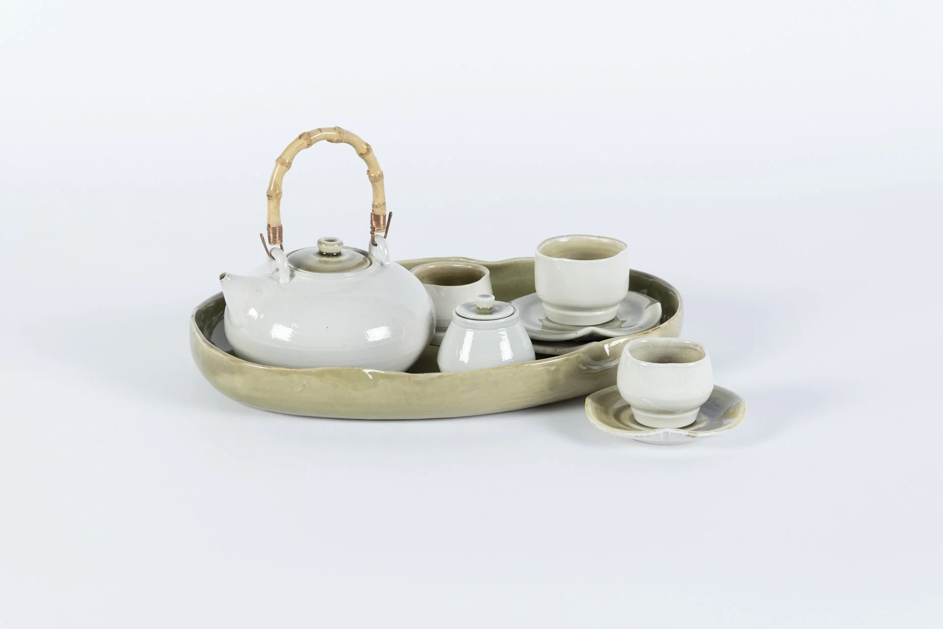 Vulnerable Tea Set, 2025, Porcelain, Celedon Glaze, Salt-Fired, 7 x 13 x 9 1/2 in.