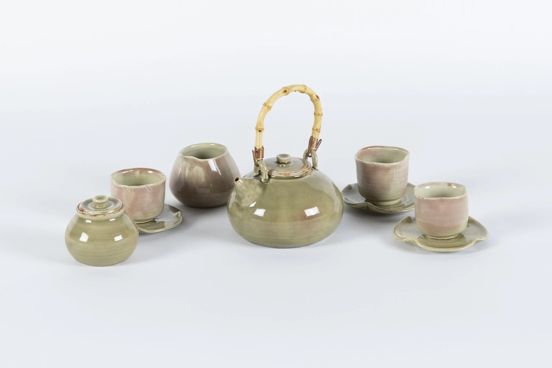 Delicate Tea Set, 2025, Porcelain, Celedon Glaze, Gas-Fired, 7 x 13 x 9 1/2 in.