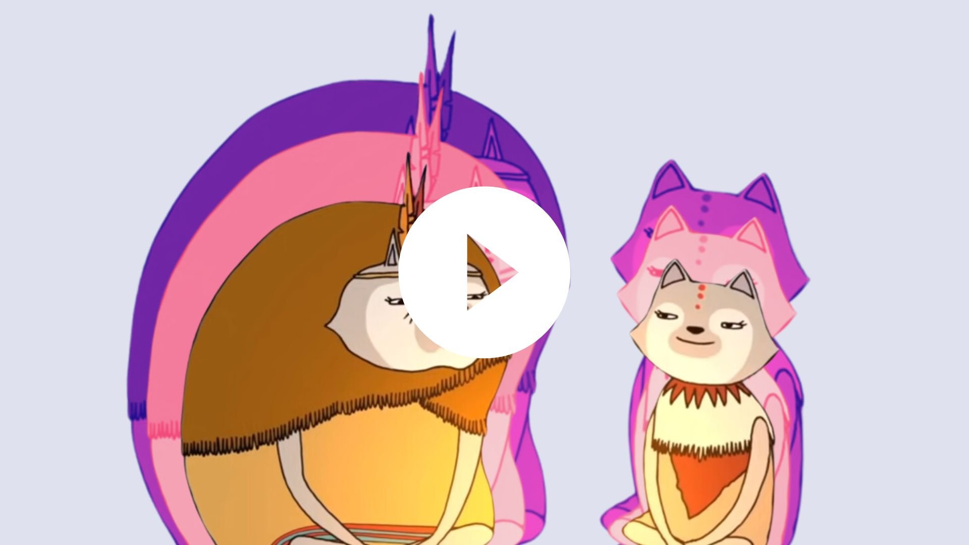 Animated illustration of four anthropomorphic animals resembling wolves or foxes, with colorful manes and tribal accessories, sitting with eyes closed in a meditative pose against a plain background.