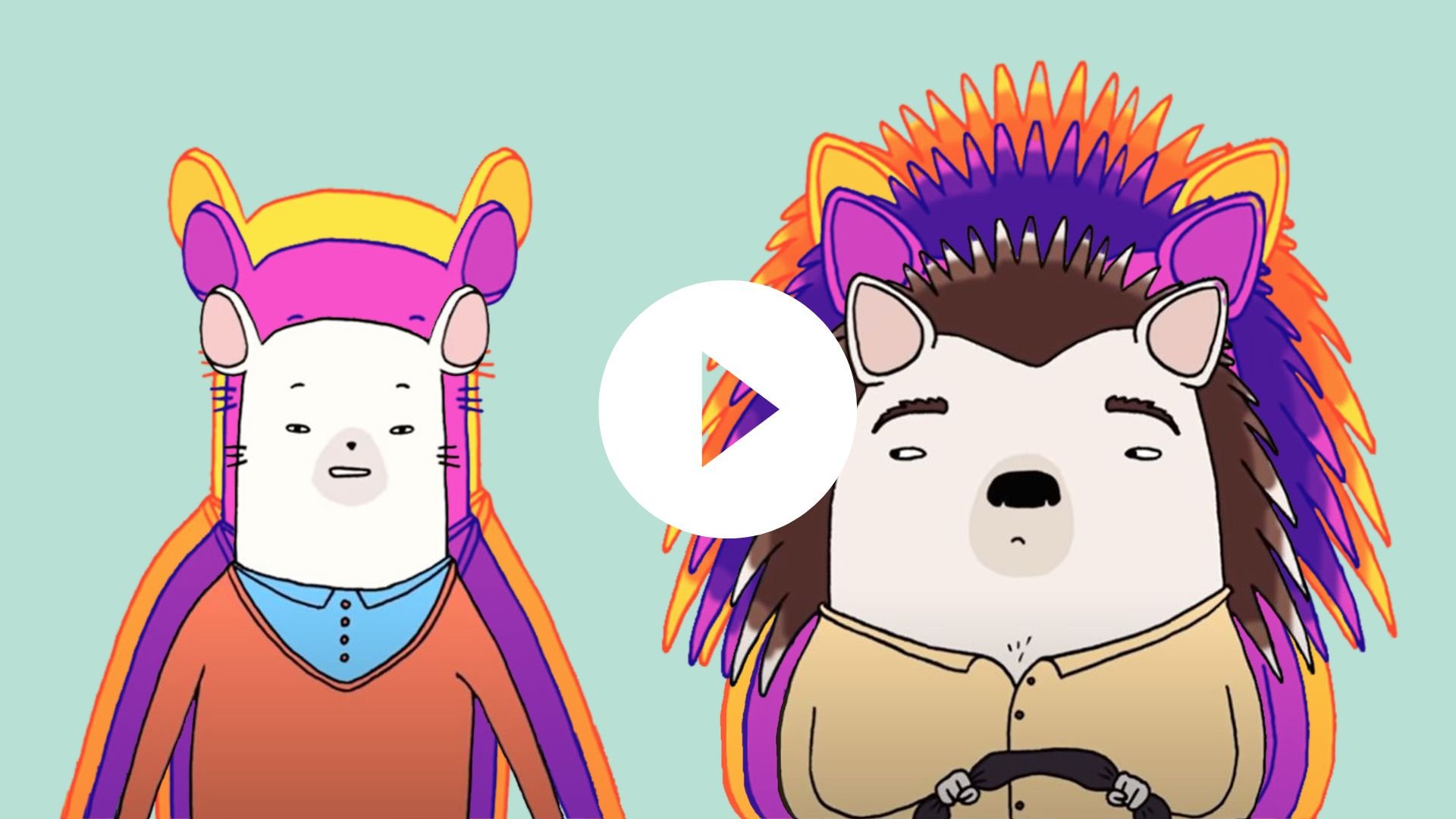 Digital illustration of two cartoon animals dressed as superheroes with colorful costumes and capes, standing side by side.
