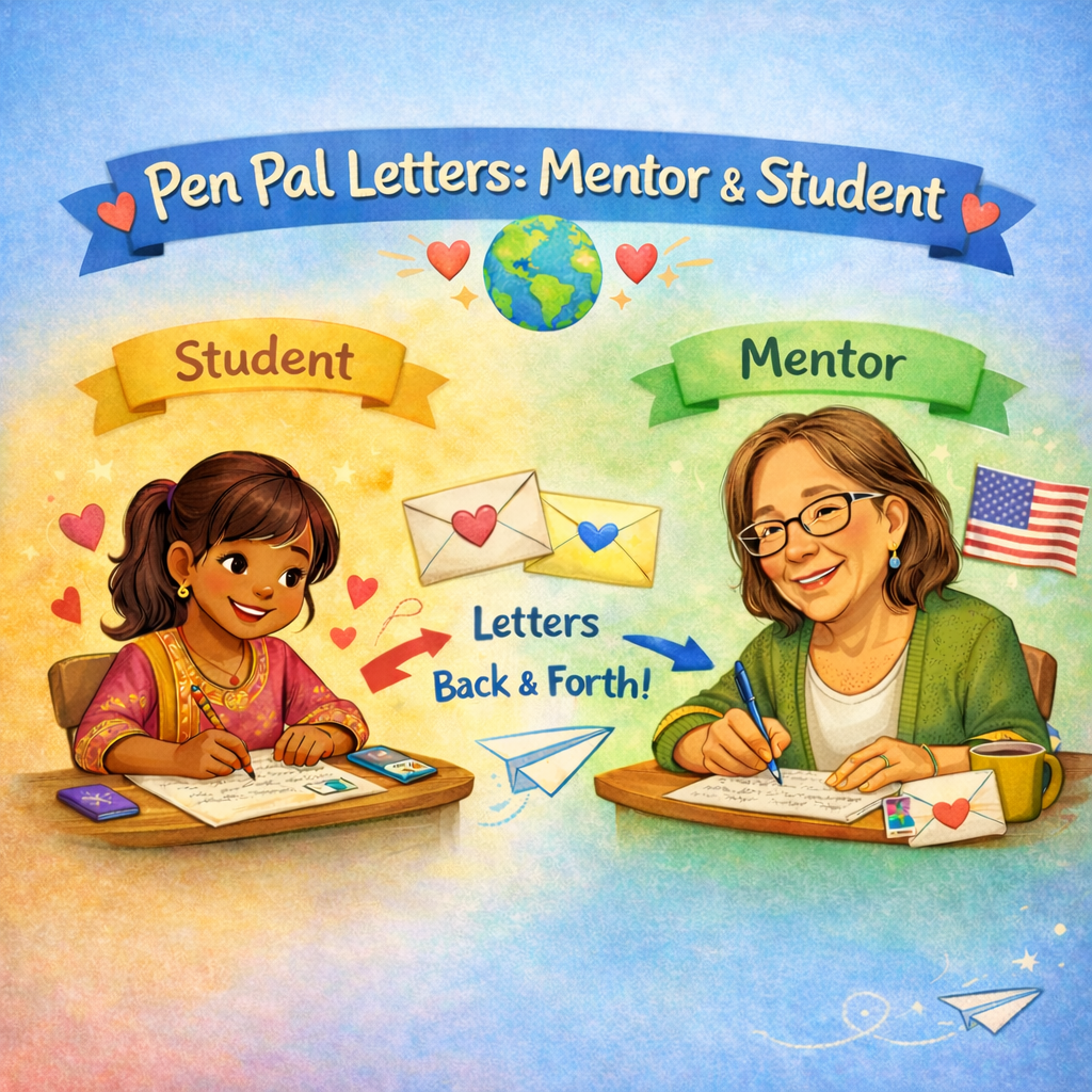 Illustration of a girl student and an adult woman mentor exchanging letters about Pen Pal Letters: Mentor & Student, with envelopes, hearts, and a globe in the background.
