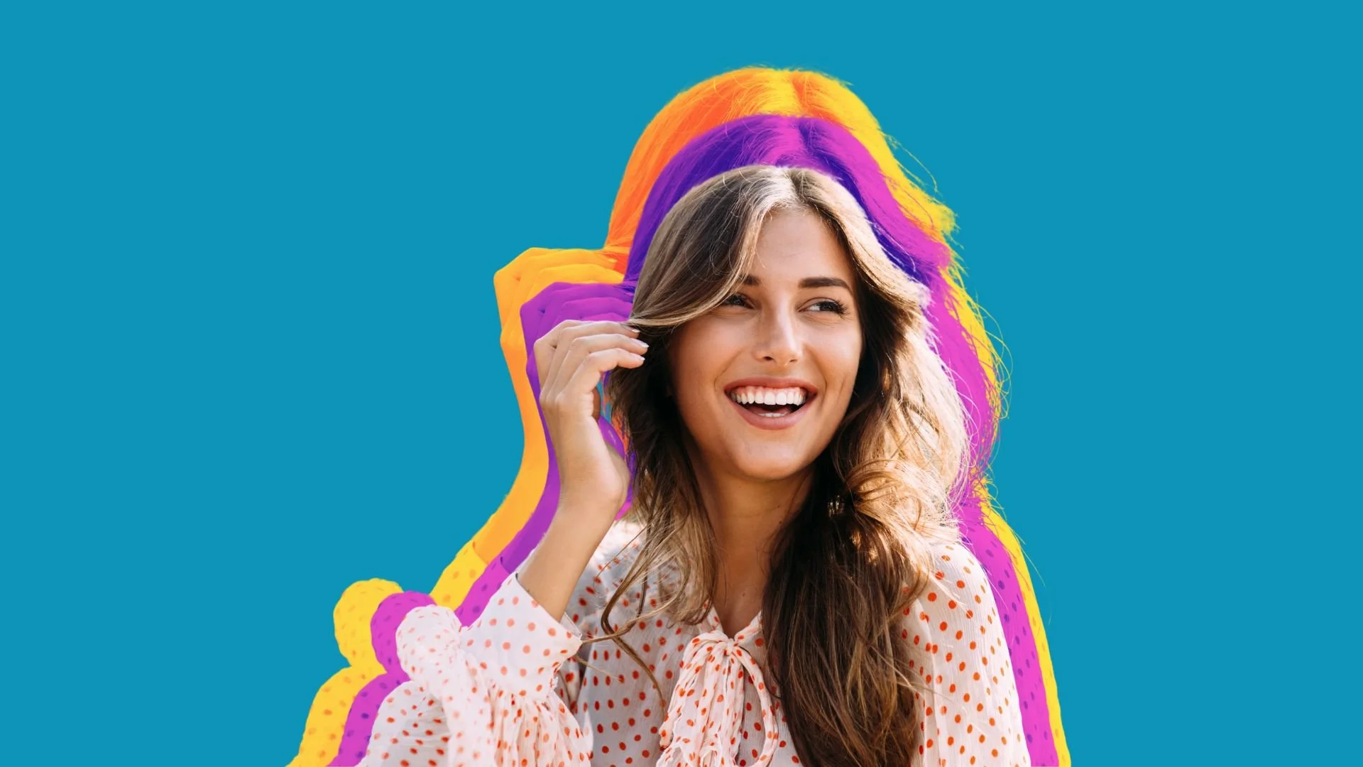 A woman with long curly hair smiling, wearing a light-colored shirt with red polka dots, and touching her hair, with colorful abstract shapes behind her on a blue background.