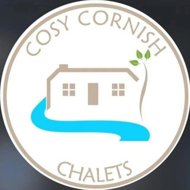 Logo for Cosy Cornish Chalets featuring a house, stream, and plant in a circular design with text.