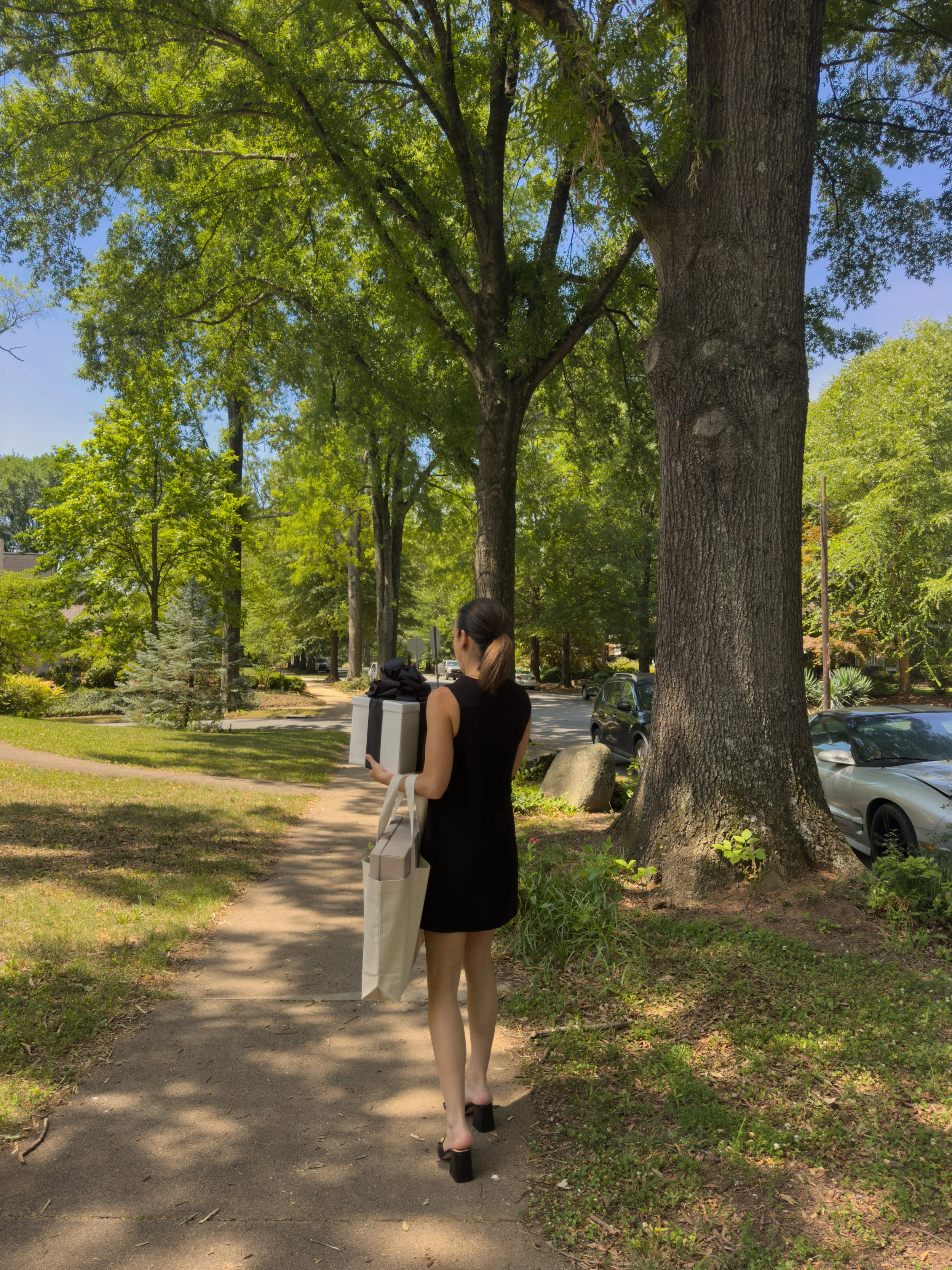 A woman in a black dress and high heels walking on a sidewalk in a park with green trees, carrying a shopping bag and a box.