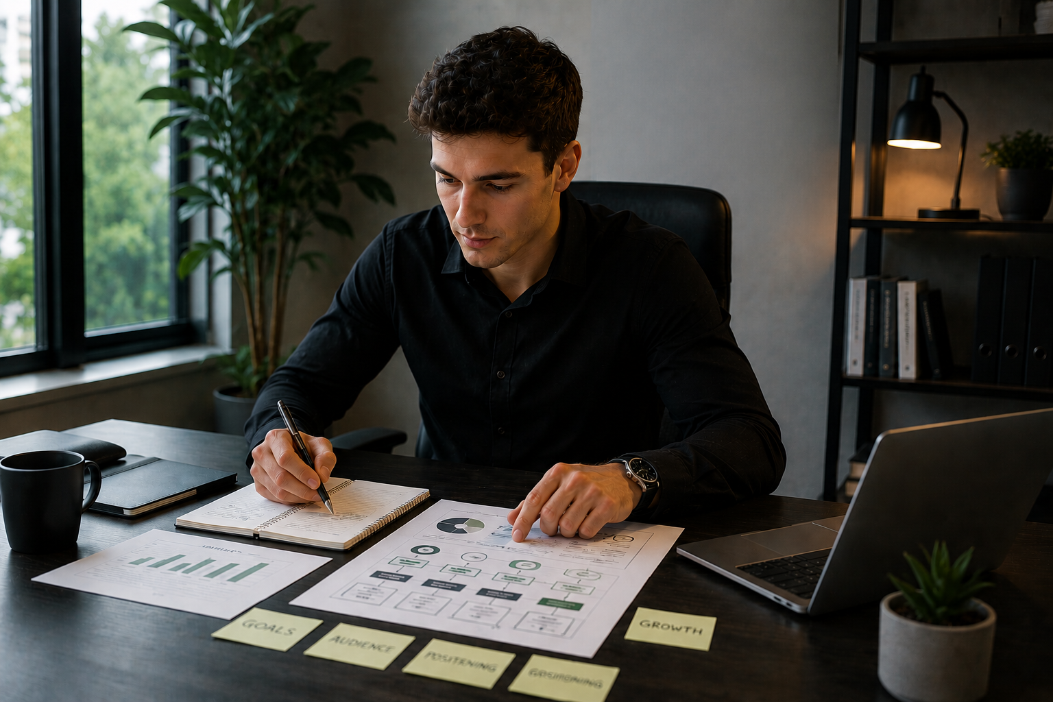 Man working at a desk with charts, notes, and a laptop in an office.