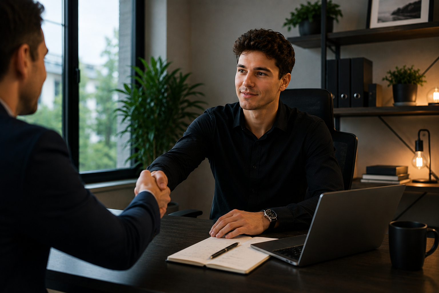 Two men shaking hands in an office, with a notebook, laptop, and coffee mug on the desk.