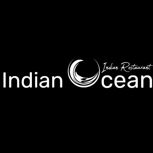 Logo for Indian Ocean Indian Restaurant, featuring a wave design in the middle with the restaurant's name.