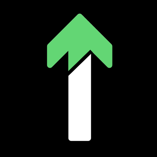 Green upward arrow on a black background.