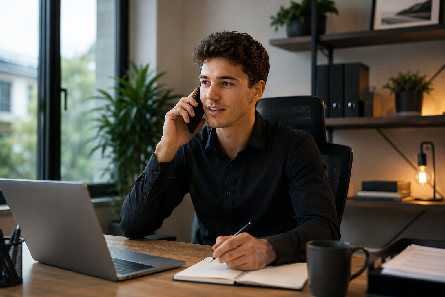 Young man speaking on a cell phone at a desk with a laptop, notebook, pen, and coffee mug in a modern office.