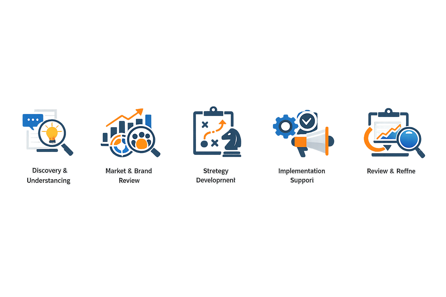 A colorful infographic diagram illustrating a process with steps such as discovery and understanding, market and brand review, strategy development, implementation support, and review and refinement, accompanied by icons like magnifying glass, chart, game pieces, and magnifying glass over a chart.