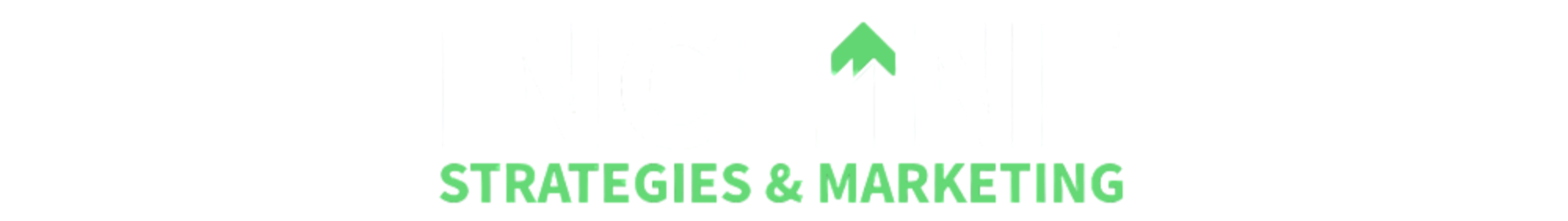 Graphic with bold green text saying 'Strategies & Marketing' and a green upward arrow.