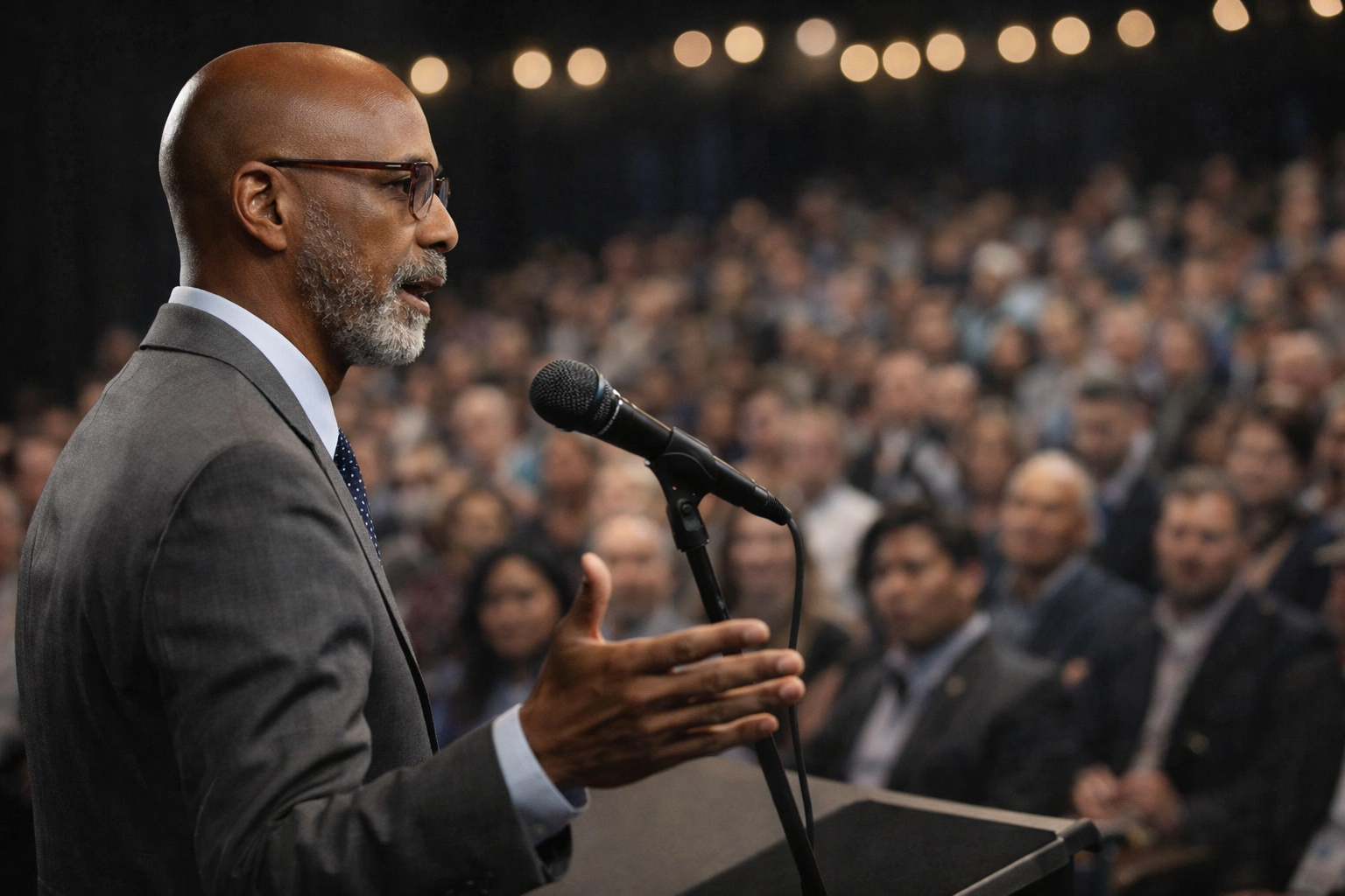 An older man with glasses and a gray beard, wearing a gray suit, speaking at a podium with a microphone to a large audience in a dimly lit room.