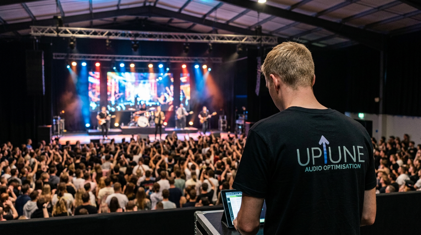 Sound engineer in black t-shirt with 'UPTONE AUDIO OPTIMISATION' logo working at a mixing console during a live concert with a large audience and band performing on stage.