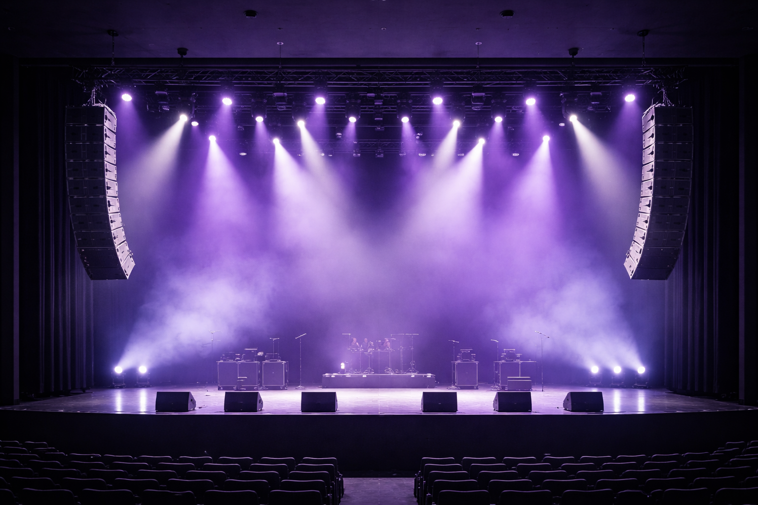 Empty stage with purple lighting and fog, with microphone stands and equipment, in a theater or concert hall.