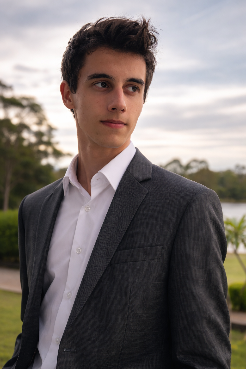 A young man outdoors wearing a gray suit jacket and white shirt, looking to the side with a contemplative expression, with trees and a cloudy sky in the background.
