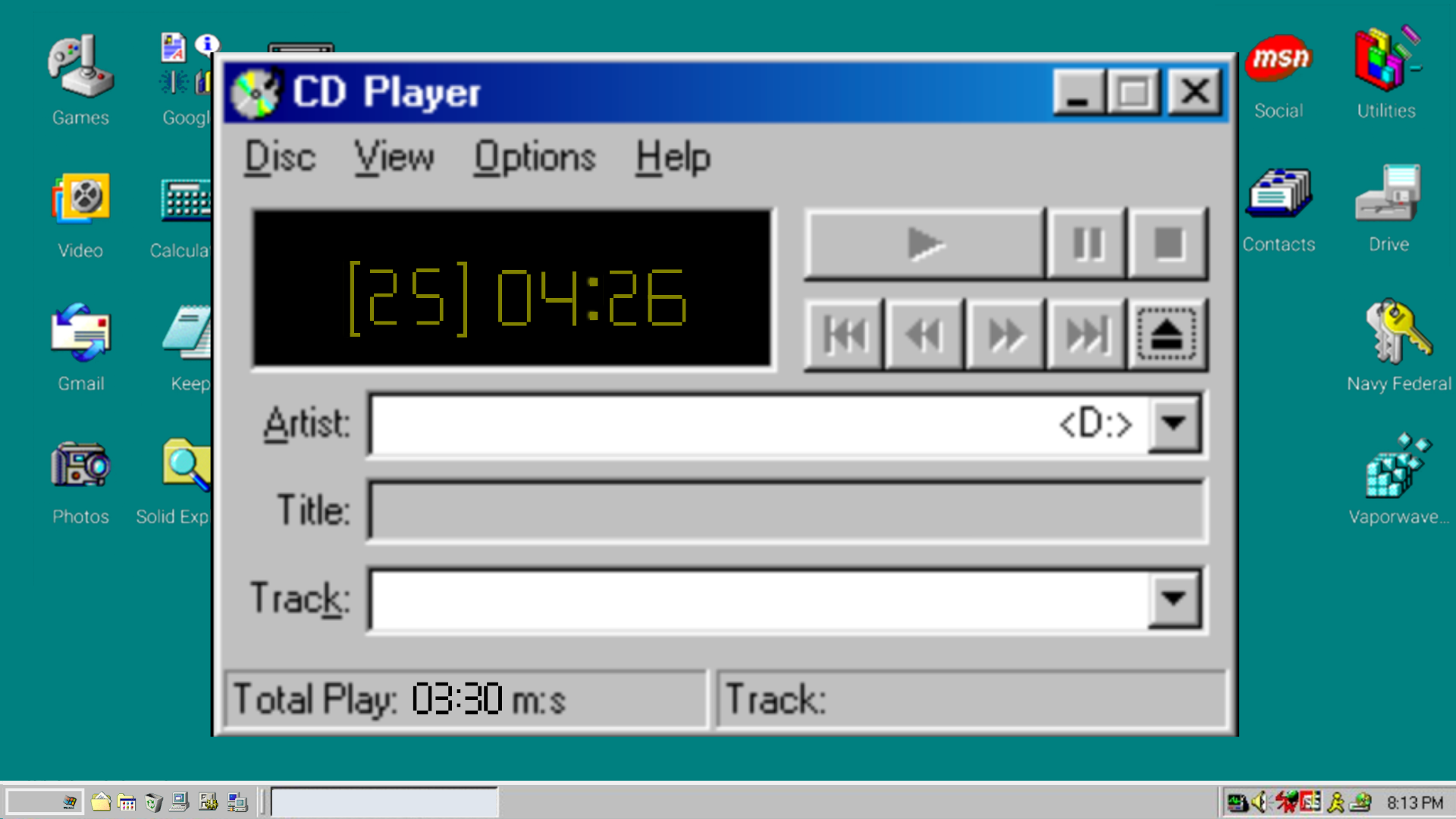 Screenshot of a Windows desktop featuring a vintage CD player player window with playback controls, showing a track elapsed time of 4 minutes and 26 seconds, and a desktop background with software icons such as Games, Google, Video, Calculator, Gmail, Photos, and utilities.