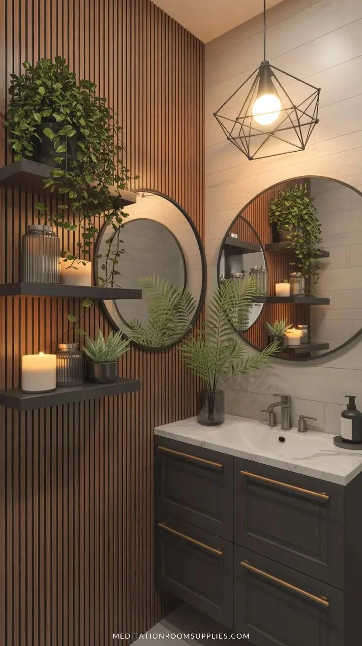 A modern bathroom with a dark vanity, a round mirror, a white countertop, and green plants. Shelves hold candles and decorative jars, with a geometric pendant light hanging from the ceiling.