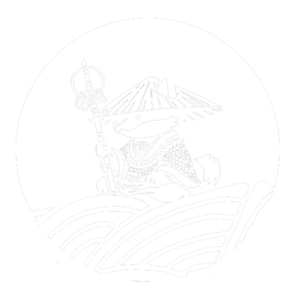 A black and white illustration of a person wearing traditional Japanese clothing with an umbrella and holding a staff, standing among stylized waves.