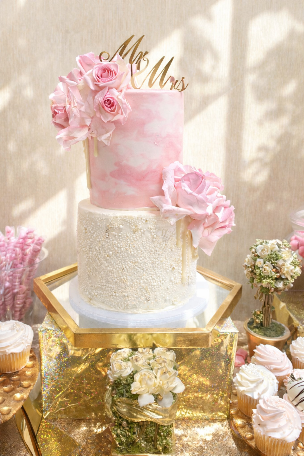 A two-tier wedding cake with pink watercolor top tier adorned with pink roses and a white bottom tier decorated with small white beads. The cake has a gold "Mr & Mrs" topper and is placed on a decorative gold and mirrored stand with floral arrangements and cupcakes around.