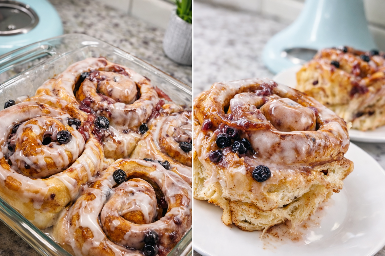Glazed cinnamon rolls with blueberries and icing on a glass baking dish on a kitchen countertop