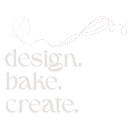 White text on black background with a butterfly and thread design that says "design. bake. create."