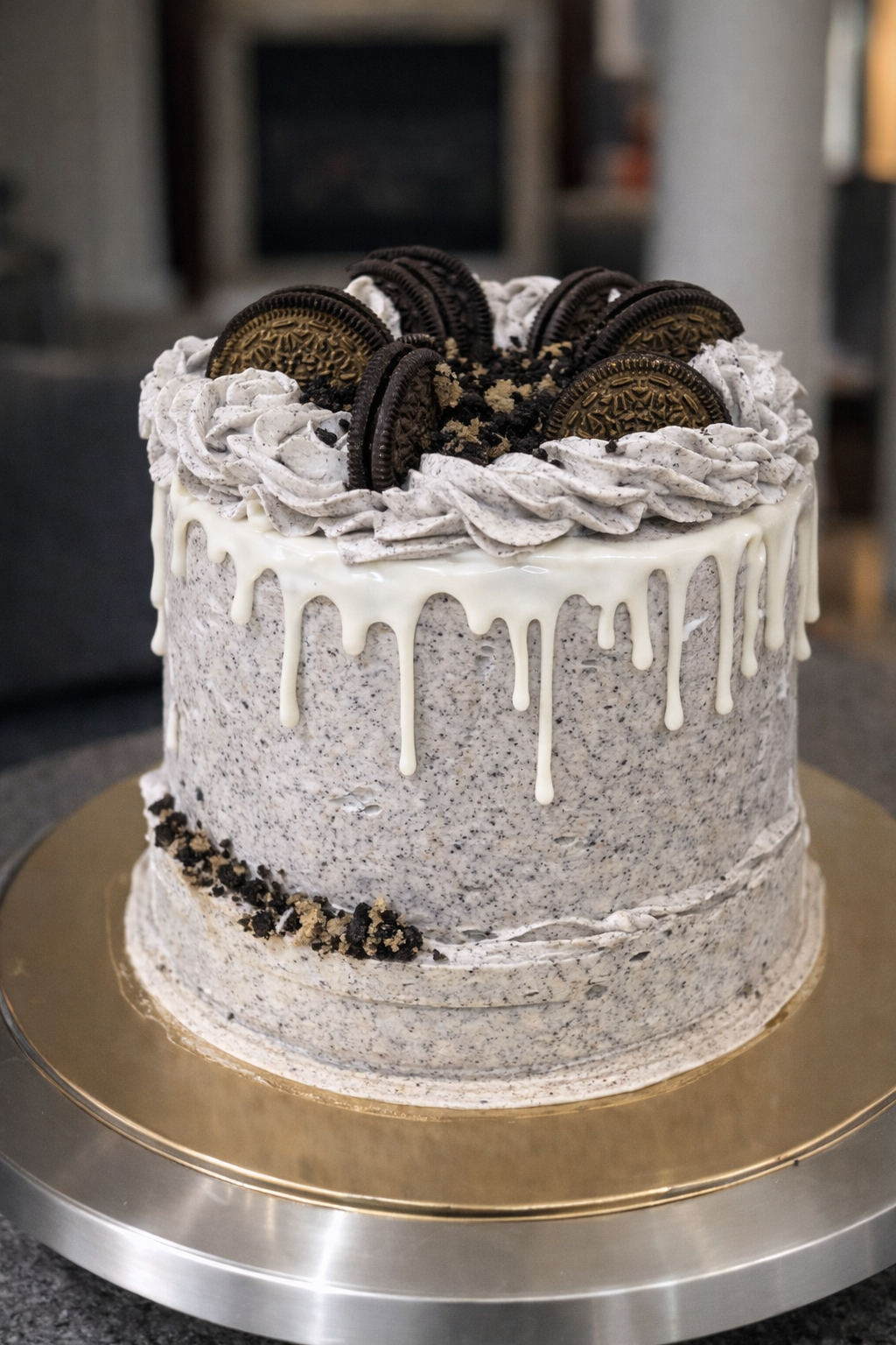 Oreo cheesecake with Oreos on top, white chocolate drip, and cookies and cream frosting.
