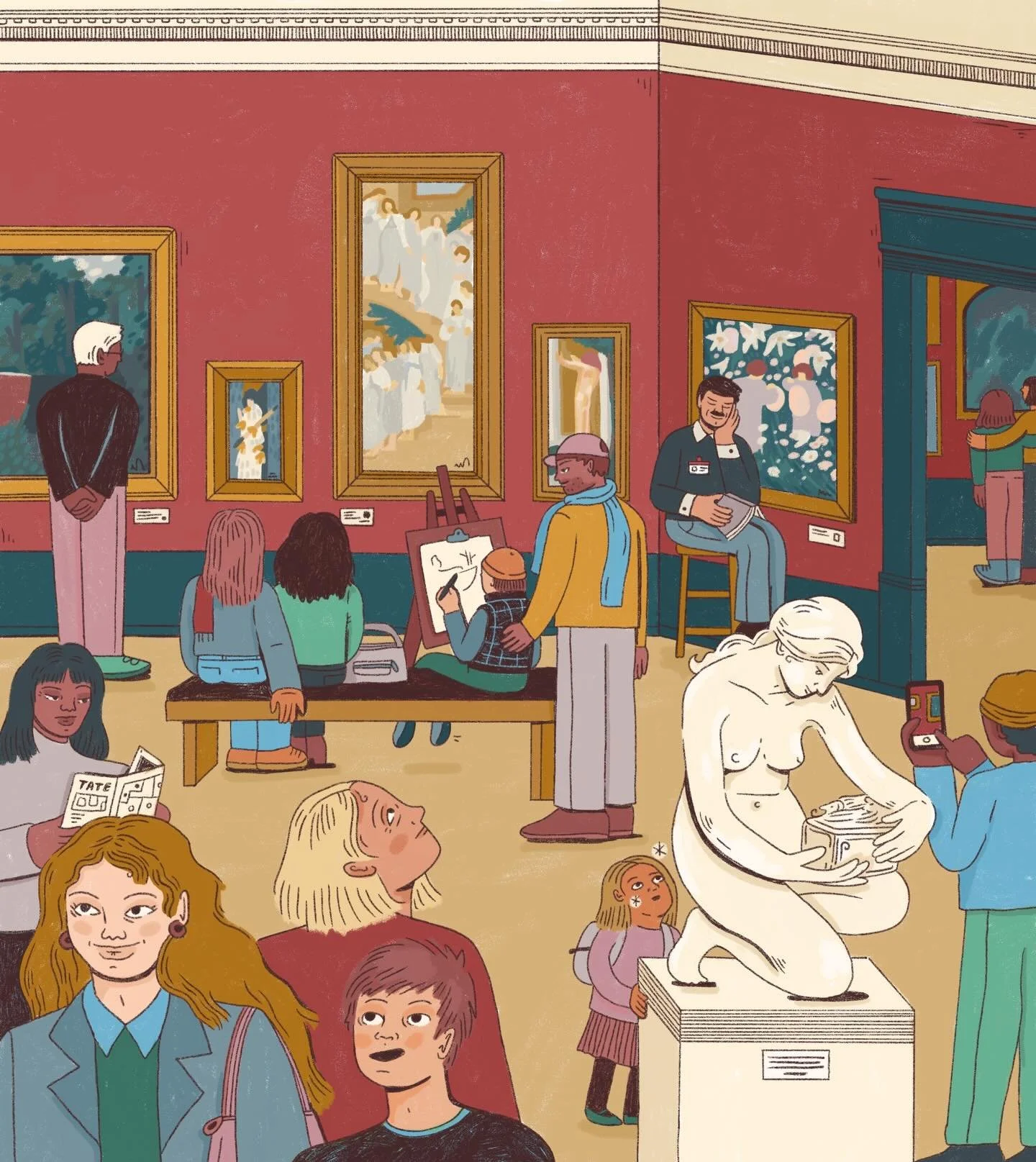 another drawing from my trip to london. room 8 at @tate britain ft carnation, lily, lily rose &amp; the lady of shalott. saw a lot of cute moments and wanted to play w human + art interaction 🤝